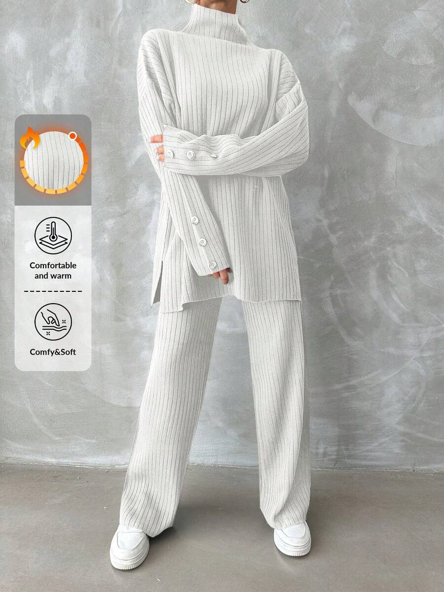 EURMUSE Turtleneck Drop Shoulder Split Hem Sweater & Knit Pants - White - View 1