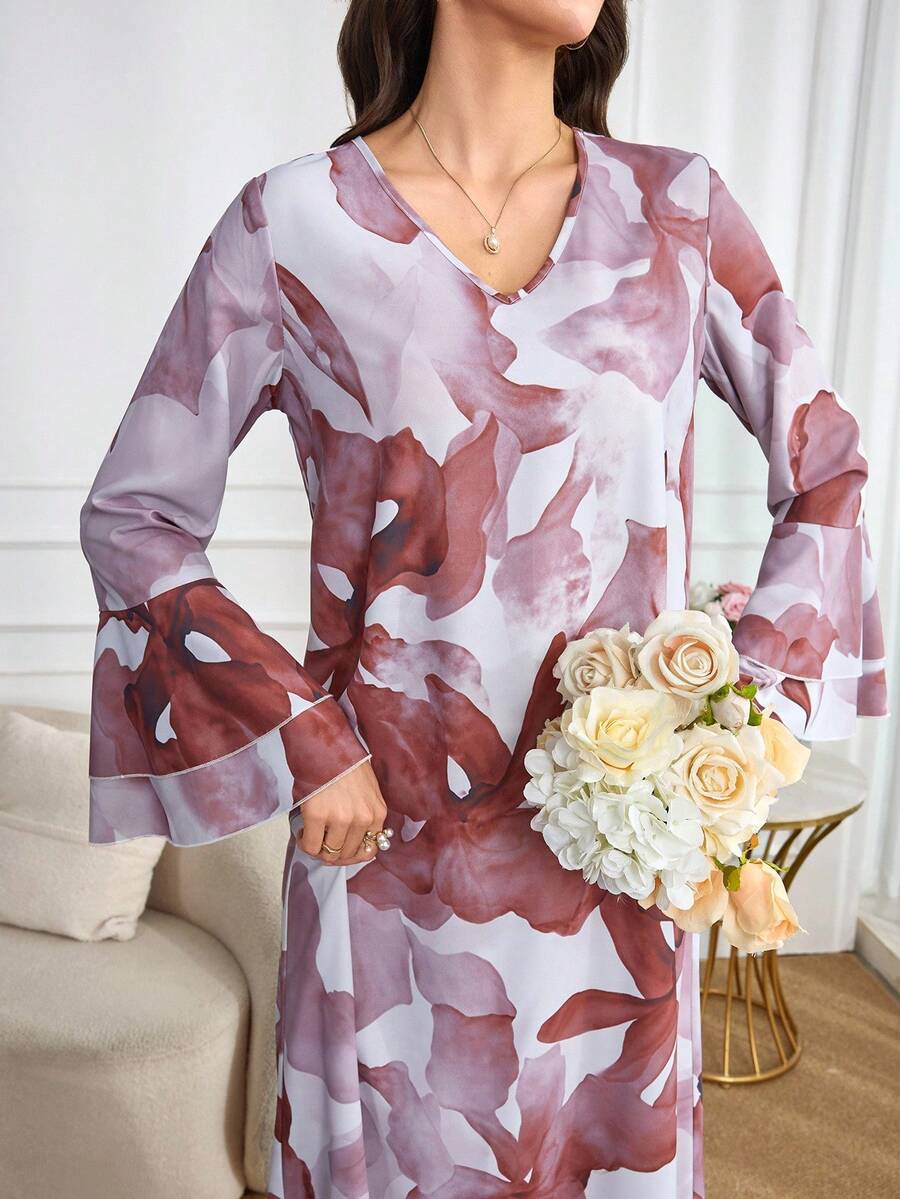 Yasmyna 女式全身印花V领优雅长袖阿拉伯风连衣裙 - 棕色 - 查看 1