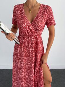 EURMUSE Women's Summer Vacation Ditsy Floral Surplice Neck High Slit Waist Tie Dress - Red - View 5