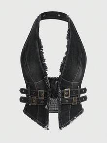 SHEIN x PRISCILA & JIMENA ROMWE Hippie 女士领口流苏修身牛仔衬衫，休闲日常穿着