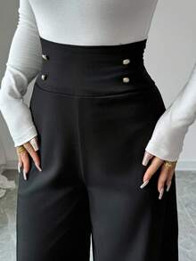 Firerie 女士简约优雅高腰修身黑色阔腿裤，适合工作、办公室工作服 - 黑色 - 查看 4
