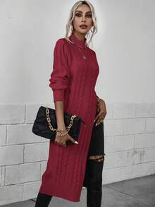 EMERY ROSE 休闲纯色立领高开衩毛衣，秋冬 - 酒紅色 - 查看 5