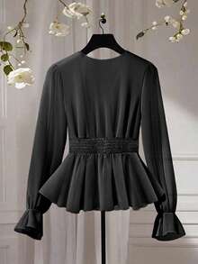 Franclia Bluză elegantă pentru femei de mărime mare, din șifon, culoare solidă, cu decolteu în V, cu nasturi și perle, mâneci bufante și volane, design versatil, cămașă casual cu mânecă lungă - Negru - Vizualizare 2