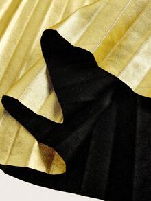 SHEIN 少女款 Glowmode 休闲针织 PU 面料金属质感高腰半身裙，日常穿着，母女装，适合秋冬季日常休闲穿着和上学穿着，金色百褶裙，适合派对穿着。 - 金色 - 查看 4