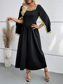 SHEIN Elegant Muslim Women's A-Line Maxi Dress With Cinched Waist And Gold Accents - Black - View 4
