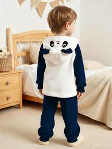 SHEIN Playful Pals Set de pantalones y top con capucha de manga larga con bordado de panda juguetón para niño pequeño, conjunto de ropa de estar cómoda y casual - Azul Marino - Ver 1