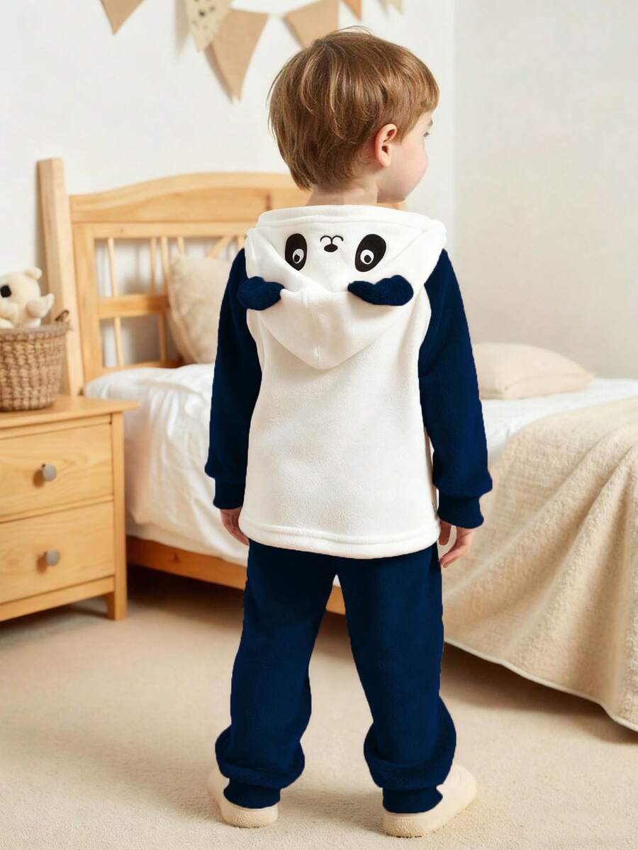 SHEIN Playful Pals Set de pantalones y top con capucha de manga larga con bordado de panda juguetón para niño pequeño, conjunto de ropa de estar cómoda y casual - Azul Marino - Ver 1