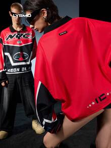 NEON BLANC Camiseta de hombre con estampado de letras en bloques de color, cosas de pareja - Rojo - Ver 2