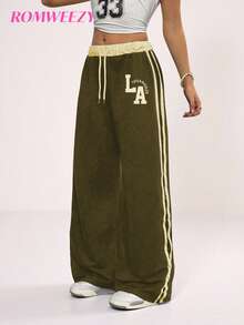 青少年（女孩）休闲街头时尚短款字母印花运动裤，适合外出、街头风格和学校 - 卡其色 - 查看 4