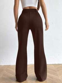 Flirla Quần ống loe cạp cao thời trang đa năng màu trơn thường ngày dành cho nữ - màu nâu - Xem 2