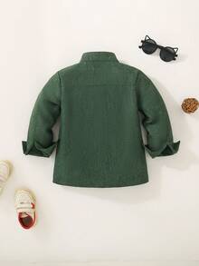 SHEIN 男童休闲日常通勤字母拼布口袋立领长袖衬衫，秋季/春季 - 綠色 - 查看 2