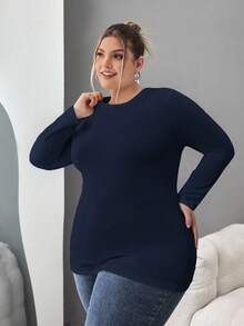 SHEIN CURVE+ 加大码女式纯色圆领休闲修身长袖 T 恤 3 件套装，适合春秋冬 - 彩色 - 查看 8