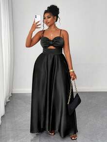 Maweii Plus Size Elegant Solid Color Maxi Slip Dress, Summer - Black - View 7