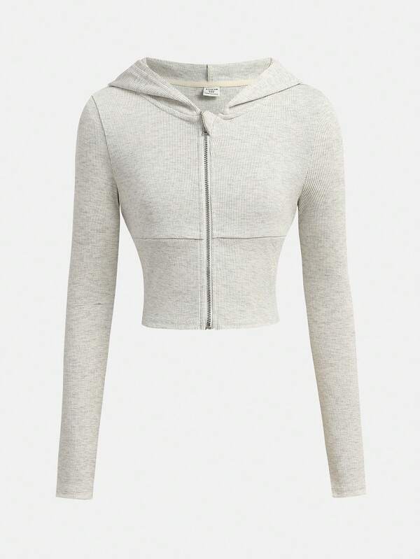 SHEIN Girlism Tween Girls Solid Grey Ribbed Knit Zip-Up Hooded Waist Long Sleeve Casual Outwear Jacket Sweatshirts Grey Zip Up Hoodie Zip Up Hoodie For Teen Girls Cropped Hoodie Autumn Winter Clothes For Women