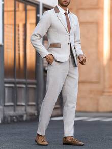 Calvornis Men's Beige Summer Suits,Formal Blazer And Pants Set For Wedding,Graduation & Semi-Formal Occasions,Contrast Color Long Sleeve Top,Cream Daily Suit - Khaki - View 1