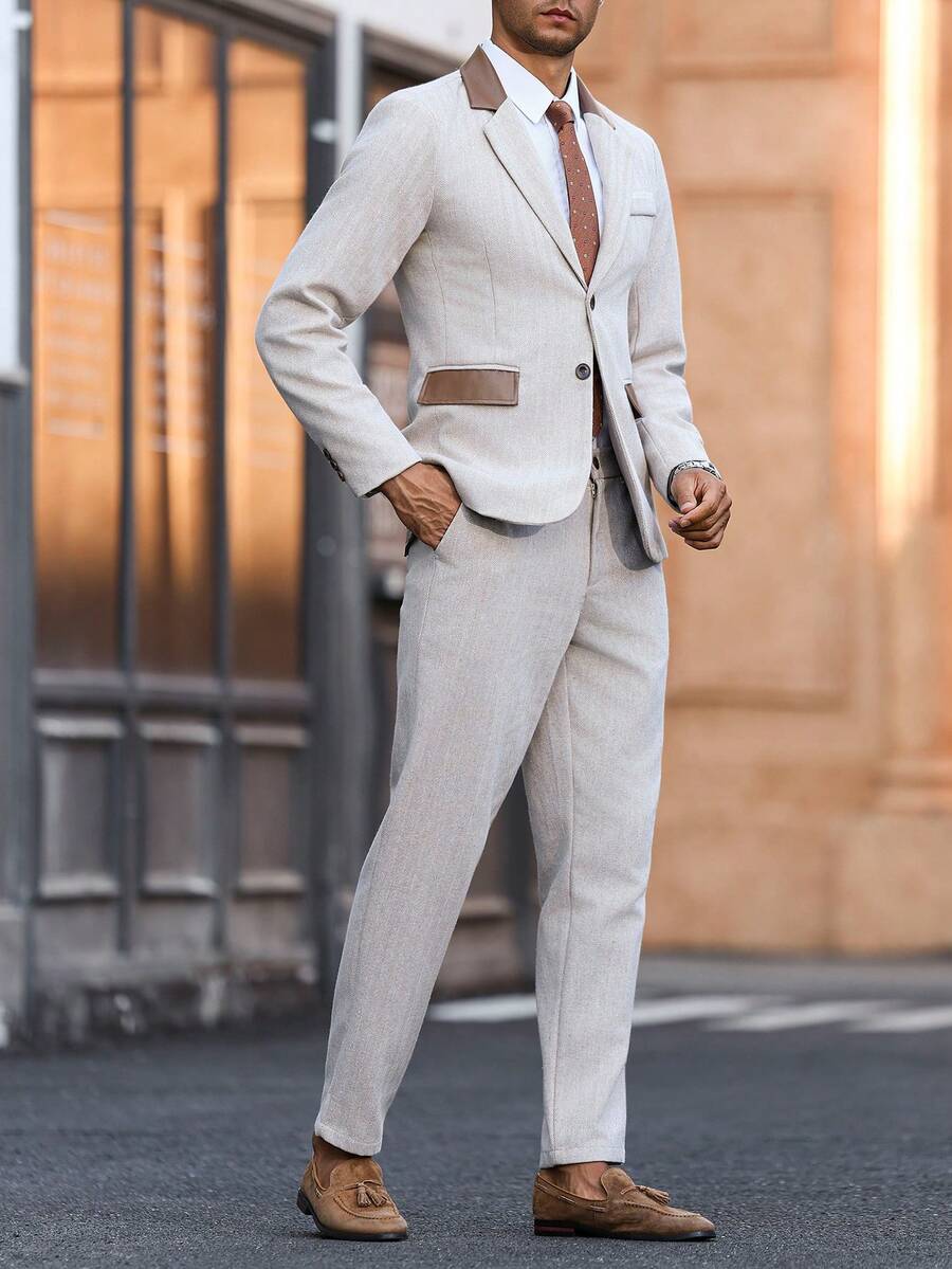 Calvornis Men's Beige Summer Suits,Formal Blazer And Pants Set For Wedding,Graduation & Semi-Formal Occasions,Contrast Color Long Sleeve Top,Cream Daily Suit - Khaki - View 1