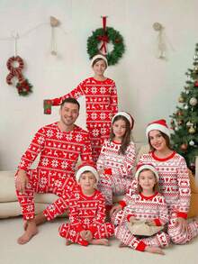 SHEIN 小男孩经典圣诞图案印花紧身圆领长袖上衣和裤子睡衣套装，饰有圣诞雪花和驯鹿图案，适合秋冬季和圣诞节 - 彩色 - 查看 2