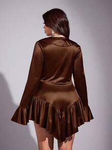 Viva Relle Váy dài tay gợi cảm cổ chữ V sâu xếp nếp cỡ lớn - màu nâu - Xem 4