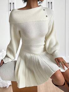 SHEIN EZwear Christmas New Autumn/Winter Clothes Women's Winter Sweater Dress Women's Solid Color Button Design Long Sleeve Pleated Hem Fashion Knit Dress