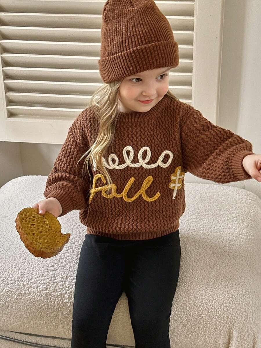 SHEIN Sweater Anak Perempuan dengan Bordir Bunga Buatan Tangan yang Lucu, Lembut, Hangat, Kasual, dan Serbaguna, Cocok untuk Pemakaian Sehari-hari - Coklat - View 1