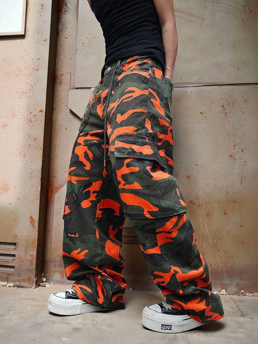 Manfinity ZONE917 Quần jean ống rộng có túi nắp họa tiết rằn ri thường ngày dành cho nam, mùa thu - Nhiều màu - Xem 1