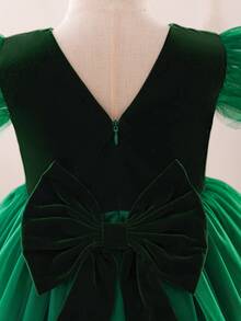 Glamorique Kids Vestido de princesa de terciopelo con lazo en la espalda en V, con volantes de tul para bebé e infante niña, adecuado para fiesta de Navidad, cena, cumpleaños - Verde - Ver 8