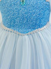 SHEIN Glamorique Kids 女婴公主裙，蓝色薄纱公主裙，雪花印花，渐变印花，带披肩，中东风情，优雅派对礼服，生日派对，婚礼节日礼服 - 藍色 - 查看 6