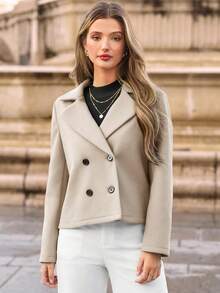 SHEIN Frenchy Women's Autumn Commuter Notched Collar Double-Breasted Blazer Winter - Apricot - View 3