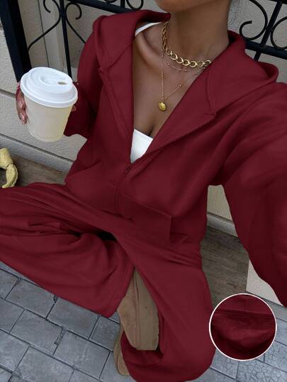 Muchica Women's Cream Yellow Casual Loose Sweatshirt Set, Autumn New Arrival Burgundy Outfit Women Red Suits For Woman Pants Suit Red Blazer Women Red Outfit