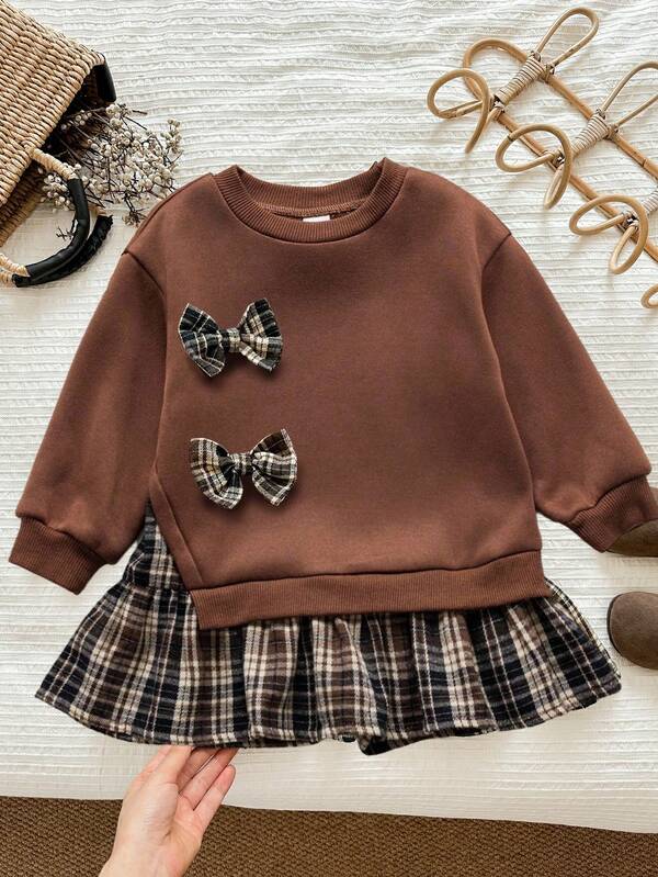 LMoss Kids Vestido Longo de Manga Longa com Recortes Xadrez Fofo para Menina, Outono/Inverno