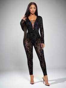 Radiana 性感黑色复古宫廷风花卉植绒透视网眼紧身衣，哥特式修身长袖连体裤，适合秋冬季派对、聚会、夜总会、万圣节、狂欢节 - 黑色 - 查看 5