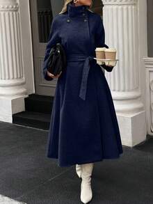 Xyvia 秋冬女装休闲高领纽扣腰带中长款毛呢大衣，老钱风女装/女士办公装/外出装，女士秋装 - 藏蓝色 - 查看 6