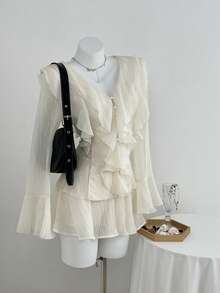 Elamini 2件套杏色冬季通勤日常腰部收腰荷叶边V领喇叭袖可爱休闲女士长袖迷你连衣裙套装 - 杏色 - 查看 6