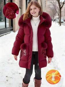 SHEIN 1 件中长款连帽棉衣，带毛领、口袋和亮片装饰，拉链开合，时尚冬季外套