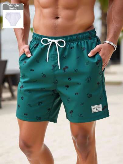 Surfspeed Men's Summer Casual Coconut Tree Print Drawstring Waist Beach Shorts Teal Swim Trunks Men Beachwear Men Green Swim Trunks Turquoise Swim Trunks Men Swim Shorts