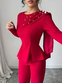 SHEIN Elenzya 2025秋季优雅勃艮第弹力面料时尚修身长袖通勤风荷叶边衬衫+阔腿裤套装，适合冬季正式场合、家庭聚会、情人节、圣诞节、万圣节、新年、女士职业装 - 紅色 - 查看 4