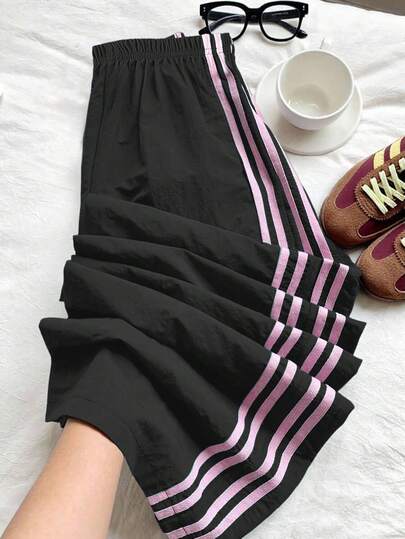 SHEIN Tween 女童侧条纹印花松紧腰休闲裤