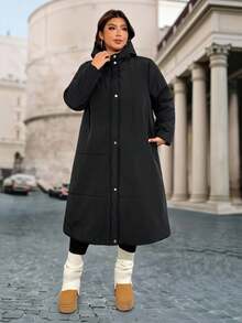 Enliva Melanieangelese 加大码女式长款连帽长袖夹克，冬季保暖外套，适合苹果型身材 - 黑色 - 查看 3