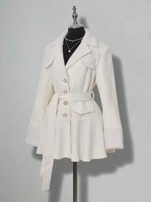 SHEIN ICON Women's White Umbrella Pleated Waist Fitted Sexy Long Sleeve Wool Blend Mini Dress, Elegant Office Wear, Autumn/Winter - White - View 3