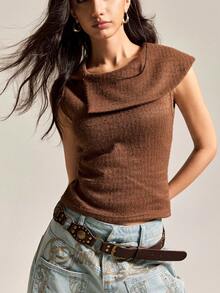 Easelle Women's Casual Coffee Brown Sleeveless Cropped Fashionable Versatile Women Top Flip Collar Design Is Fashionable - Brown - View 8