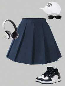 Sparklyn 女童百褶高腰裙，内置安全短裤，二合一裙裤，四季百搭，可搭配衬衫、T恤、Polo衫、连帽衫、夹克 - 藏蓝色 - 查看 3