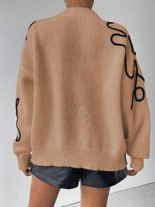 Chiquease Cardigan de Manga Longa com Botões e Padrão Colorido em Contraste para Mulheres - Marrom Claro - Visão 2