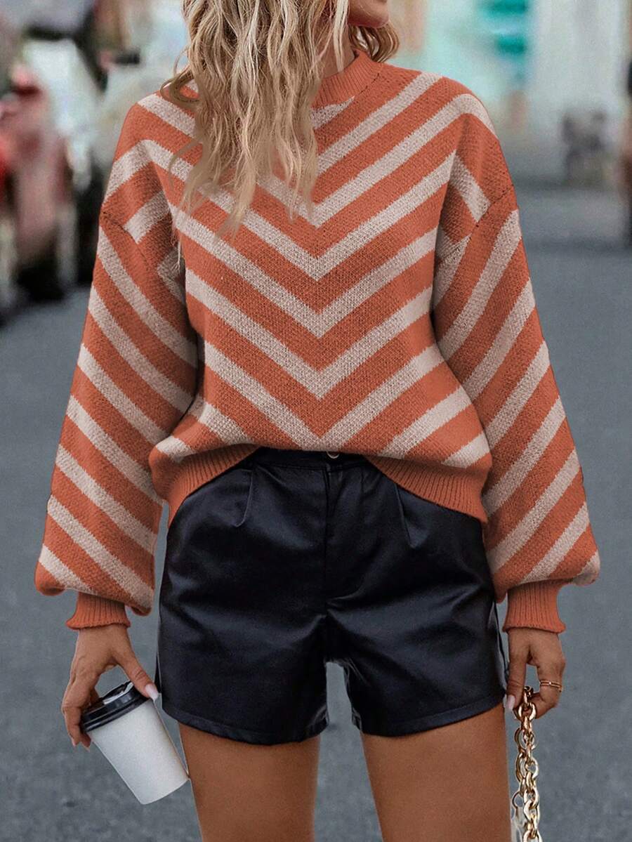 SHEIN LUNE 女士休闲日常通勤拼色锯齿形图案落肩宽松灯笼袖毛衣，秋冬 - 橘色 - 查看 1