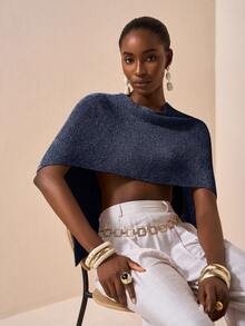 Zivah 性感披肩斗篷百搭针织披肩细肩带 V 领不对称肩部设计上衣，度假风格 - 藏蓝色 - 查看 8