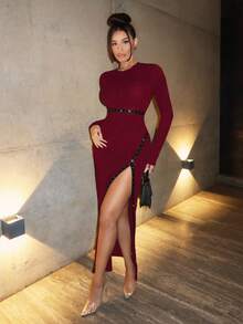 Zolique Novo vestido longo preto justo com fenda alta e decoração de pérolas falsas, moda outono e inverno, sexy, estilo francês chique e elegante, vestido longo para festa de Natal, roupa de Ação de Graças para mulheres, roupa longa para sair - Vermelho - Ver 5