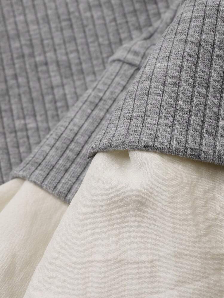 Dazy Plus Contrast Color Block Lantern Sleeve Doll Hem Crew Neck Casual Long Sleeve Plus Size Women T-Shirt, Spring/Autumn