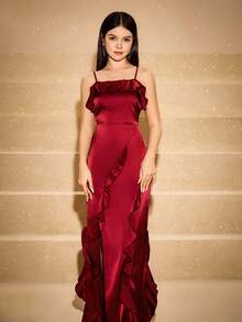 Satin Slip Dress With Ruffle Hem And Square Neck, High-End Fitted Silhouette, Long Length, Suitable For Weddings, Galas, Birthdays, Proms, Graduations, Christmas, Halloween - Burgundy - View 7
