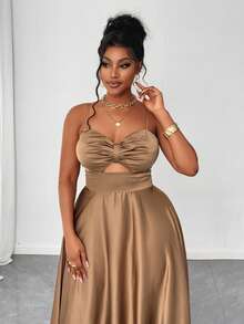 Maweii Plus Size Women Solid Color Ruched Waist Hollow Out Camisole Dress - Mocha Brown - View 2