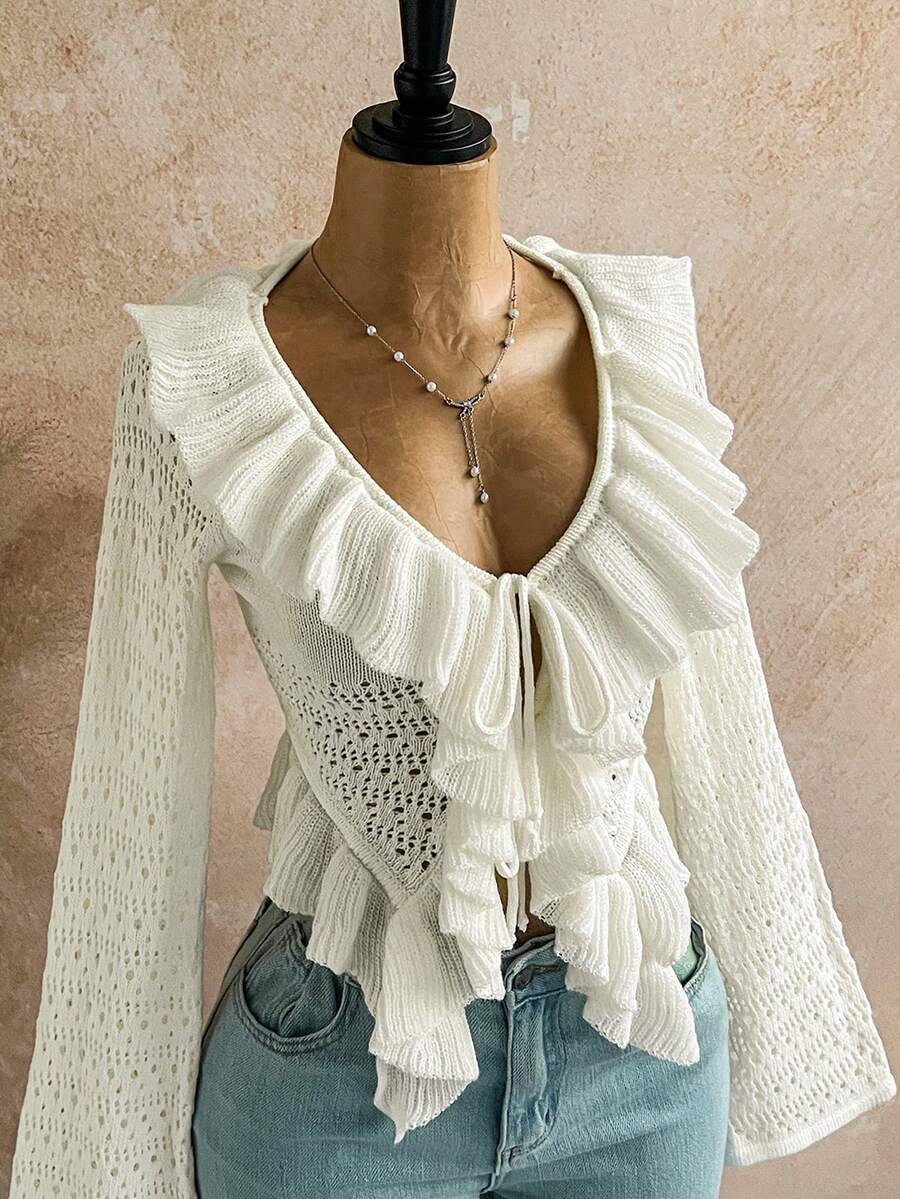 Soleia 女士浪漫假期，奶油白色荷叶边饰带前开衫，适合节日约会、下午茶、海滩度假、城市度假、音乐节、波西米亚风度假白色荷叶边衬衫返校季、返校季、毕业季白色波西米亚风上衣白色孔眼上衣孔眼上衣钩针上衣秋冬 - 白色 - 查看 1