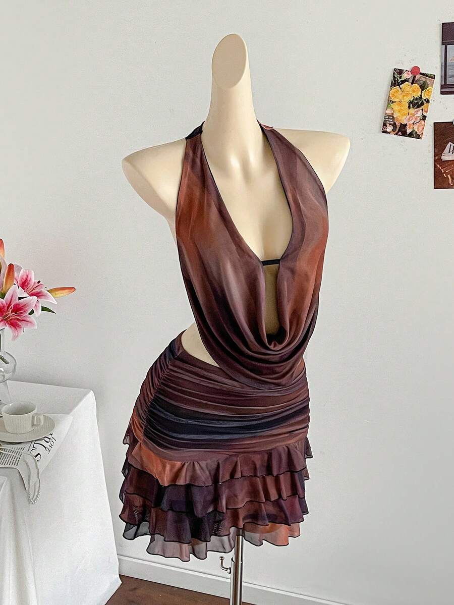 Soleia Women's Sexy Tie-Dye Print Halter Backless Knotted Ruffled Hem Mini Dress, Summer - Multicolor - View 1